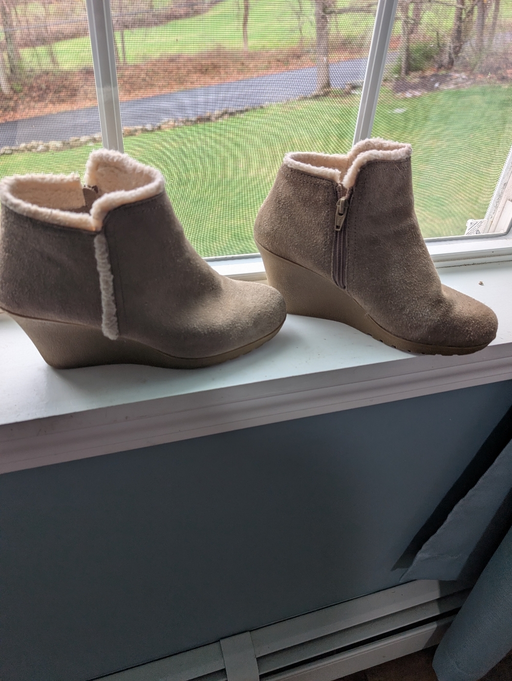 White Mountain Taupe Suede-Look Wedge Ankle Booties with Shearling